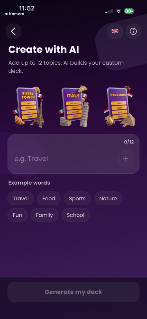 Tadado Create with AI screen — add up to 12 topics and generate a deck