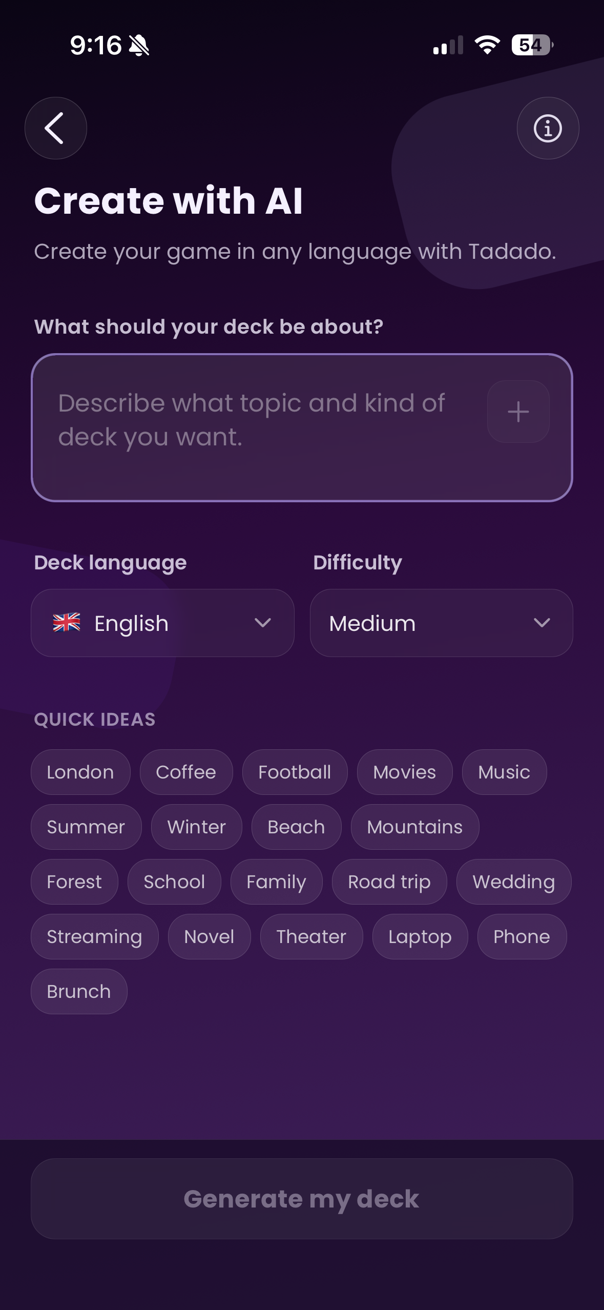 Tadado Create with AI — describe your deck in sentences, quick picks or single words