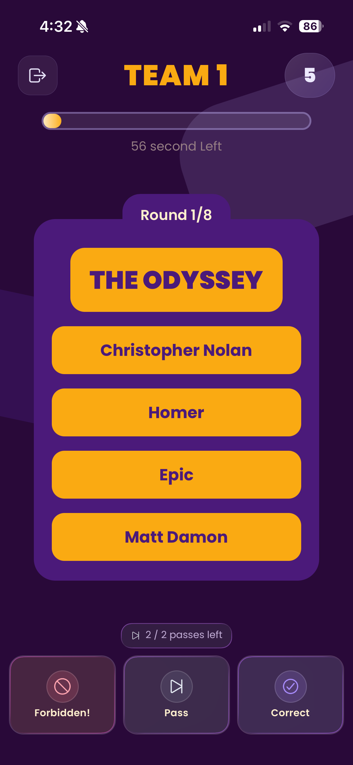 Tadado oyun ekranı: THE ODYSSEY kartını Homer, Epic, Matt Damon ve Christopher Nolan demeden anlat