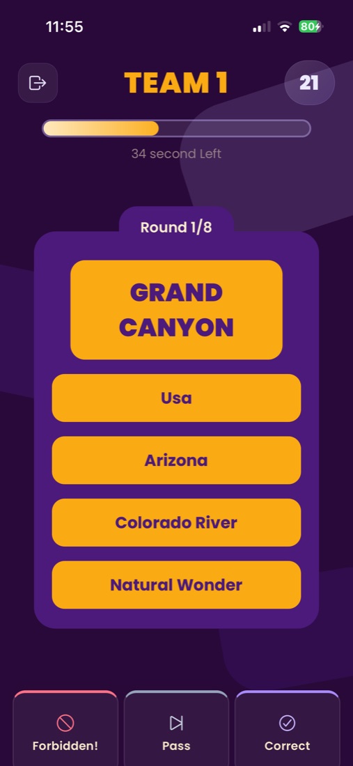 Tadado round — GRAND CANYON card with timer running