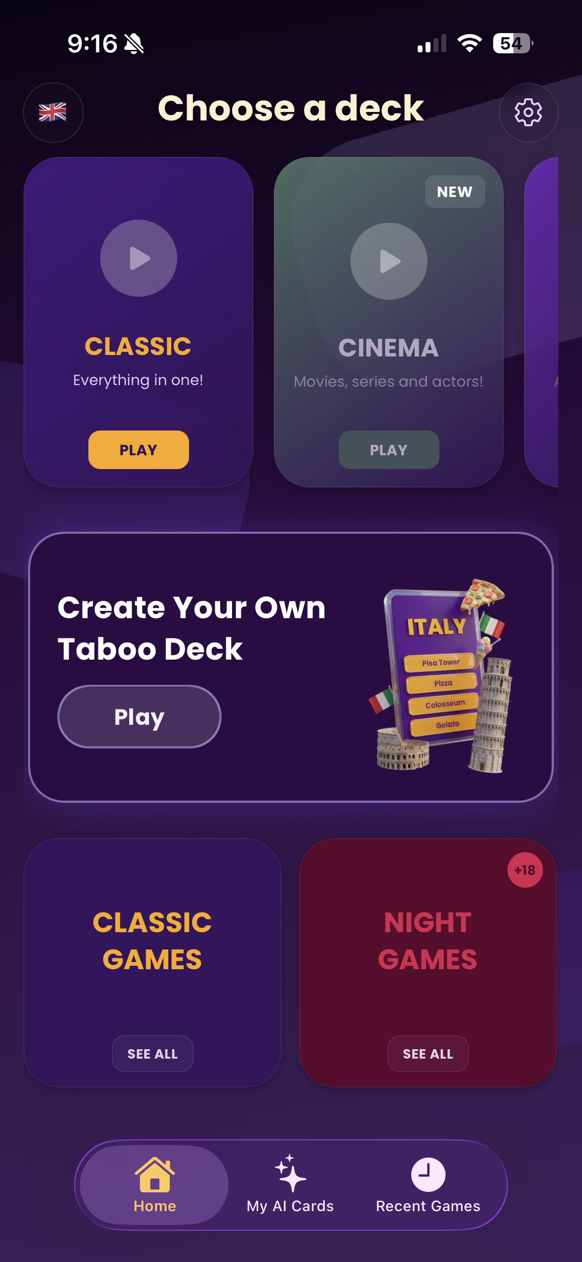 Tadado deck selection screen with Classic and Travel decks